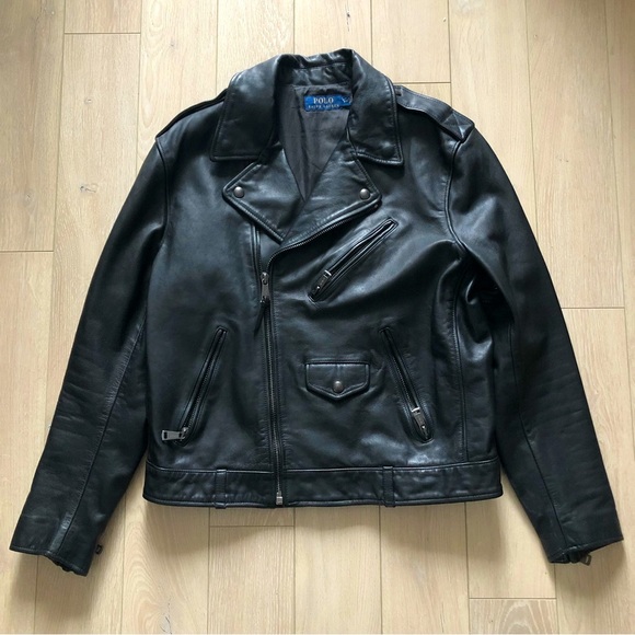 NWOT Polo Ralph Lauren Black Cow Hide Biker Leather Jacket - Picture 1 of 16